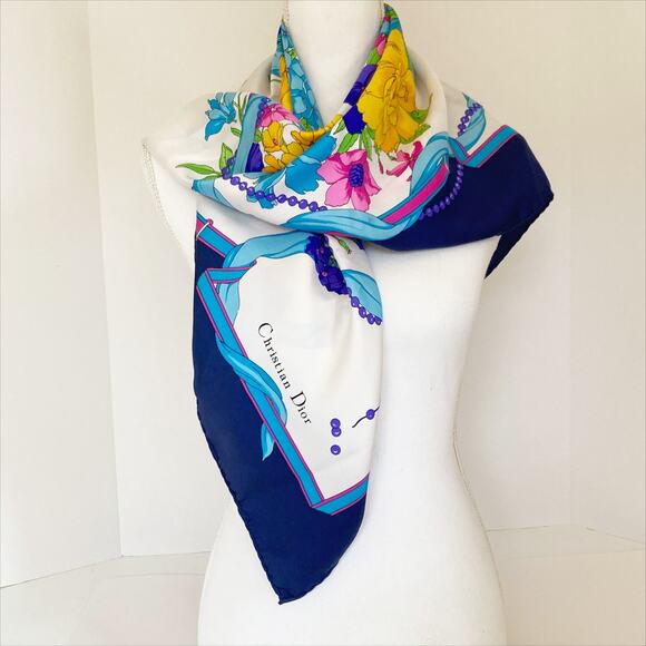 DIOR Silk Scarf Floral Print 34" x 34" Blue White - Picture 2 of 14